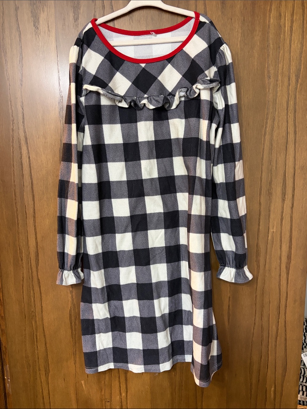 Girls Black and White Buffalo Plaid Ruffle Nightgown with Red Trim